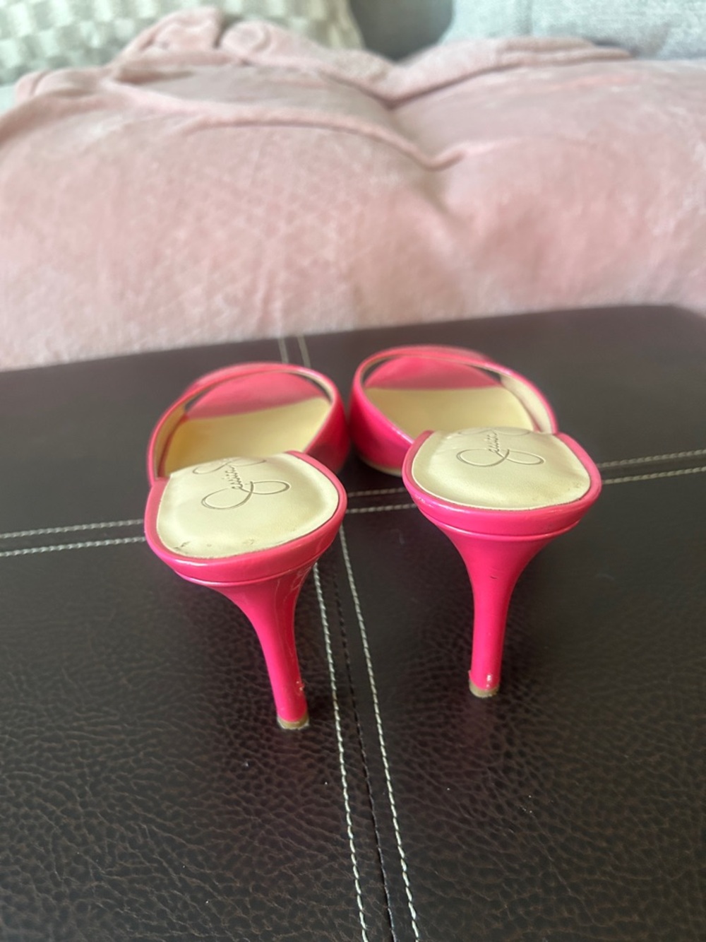 Jessica Simpson Neon Pink Patent Slide Mule Heels - Picture 2 of 2